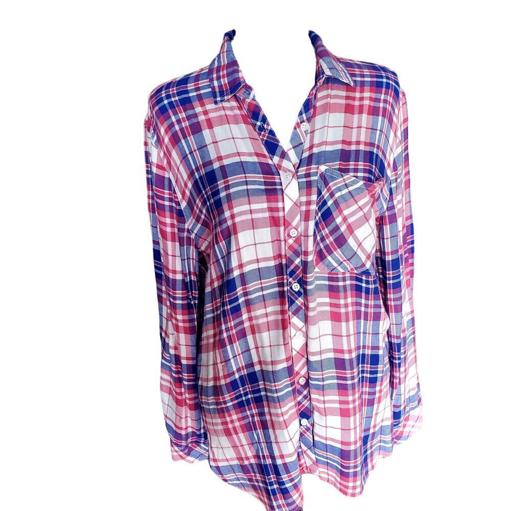 id:23 blue & pink Sz M long sleeve w/roll tab for 3/4 sleeves | EUC